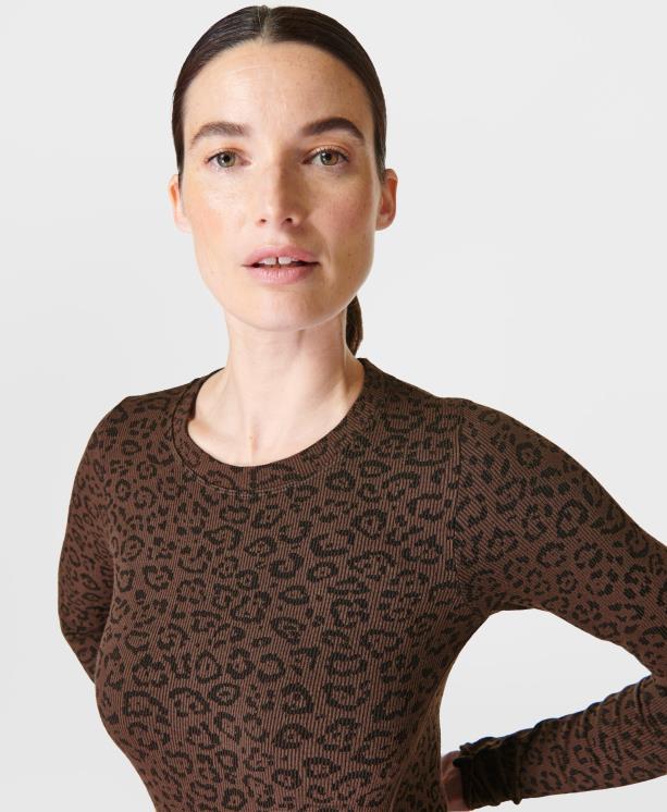 Sweaty Betty mujer top de manga larga sin costuras con brillos NX4X156 ropa estampado de marcas de leopardo marrón