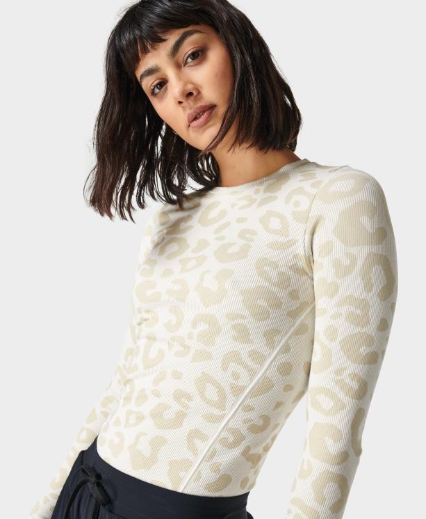 Sweaty Betty mujer top de manga larga sin costuras con brillos NX4X157 ropa jacquard de leopardo de pintura blanca