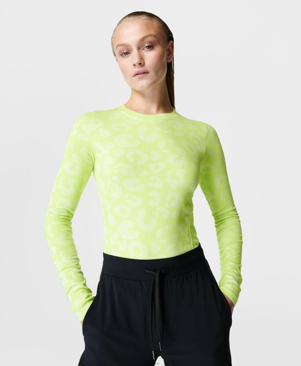 Sweaty Betty mujer top de manga larga sin costuras con brillos NX4X158 ropa jacquard de leopardo verde pomelo