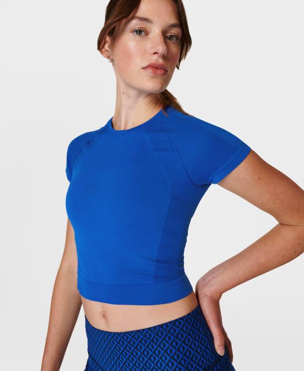 Sweaty Betty mujer camiseta corta de entrenamiento sin costuras para atleta NX4X289 ropa relámpago azul