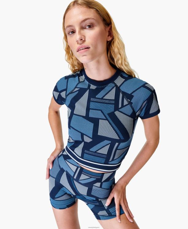 Sweaty Betty mujer top de manga corta sin costuras con rayas náuticas NX4X770 ropa jacquard de rayas azules yuxtapuestas